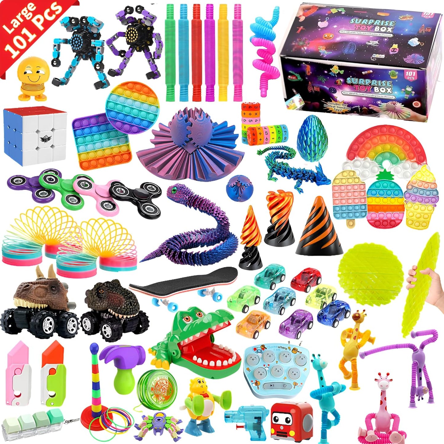 25 or 101 Pieces Fidget Mystery Box for Kids Girls & Boys - Fun Sensory Fidget Toys Bulk Variety Pack for Toddlers - Fidget Prizes for Classroom Surprise Gift Box