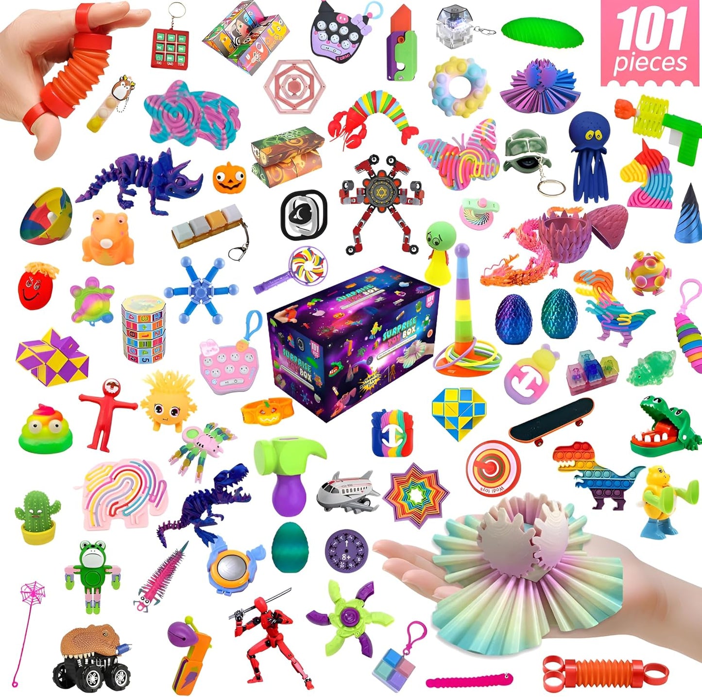 25 or 101 Pieces Fidget Mystery Box for Kids Girls & Boys - Fun Sensory Fidget Toys Bulk Variety Pack for Toddlers - Fidget Prizes for Classroom Surprise Gift Box