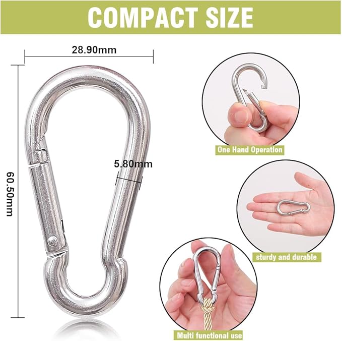 Oval Carabiner Stainless Steel - Small Strong Metal Multitool Carabiner Heavy Duty for Hammocks, Keys, Hanging (6 Pcs)