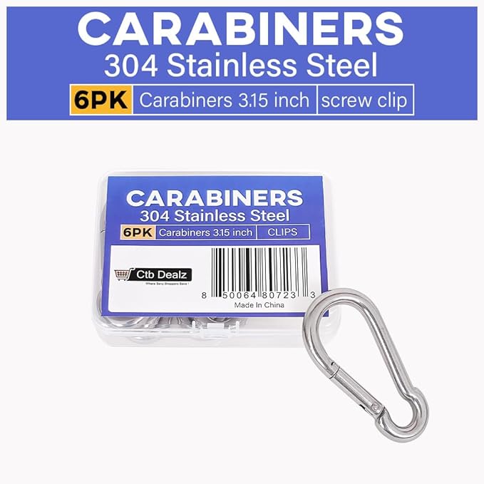 Oval Carabiner Stainless Steel - Small Strong Metal Multitool Carabiner Heavy Duty for Hammocks, Keys, Hanging (6 Pcs)