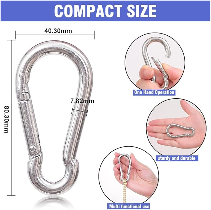 Oval Carabiner Stainless Steel - Small Strong Metal Multitool Carabiner Heavy Duty for Hammocks, Keys, Hanging (6 Pcs)