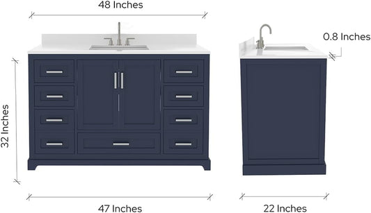 Ayna Decors Maya 48 Inch Navy Blue Bathroom Vanity with Sink and Quartz Countertop, 3 Pre-Drilled Faucet Holes, 2 Soft Closing Doors, and 7 Full Extension Drawers, Brushed Nickel Hardware