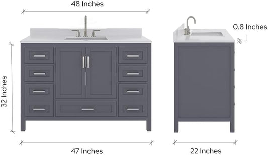 Ayna Decors Rooh 48 Inch Charcoal Grey Bathroom Vanity with Sink, Quartz Countertop, 2 Soft Closing Doors, and 7 Full Extension Drawers, Brushed Nickel Hardware
