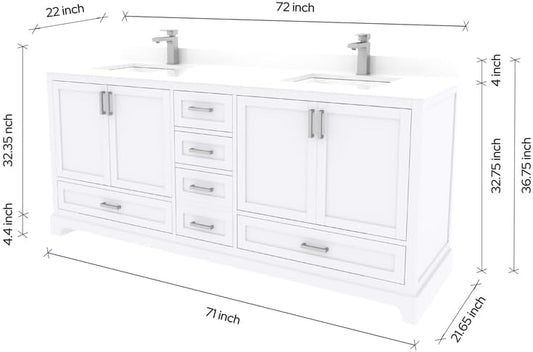 Ayna Decors Maya 72 Inch White Bathroom Vanity with Sink, Quartz Countertop, 4 Soft Closing Doors and 5 Full Extension Drawers, Brushed Nickel Hardware