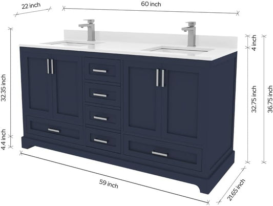 Ayna Decors Maya 60 Inch Navy Blue Bathroom Vanity with Sink, Quartz Countertop, 4 Soft Closing Doors and 5 Full Extension Drawers, Brushed Nickel Hardware