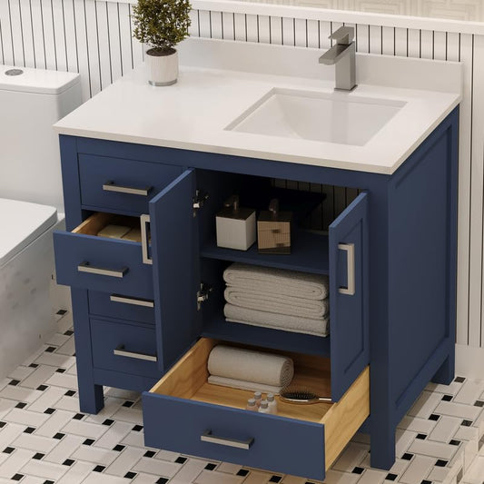 Ayna Decors Rooh 36 Inch Navy Blue Bathroom Vanity with Sink, Quartz Countertop, 2 Soft Closing Doors, and 4 Full Extension Drawers, Brushed Nickel Hardware