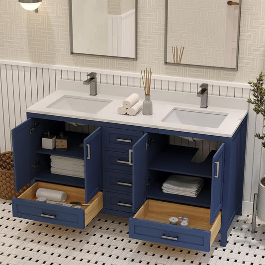 Ayna Decors Rooh 60 Inch Navy Blue Bathroom Vanity with Sink, Quartz Countertop, 4 Soft Closing Doors and 5 Full Extension Drawers, Brushed Nickel Hardware