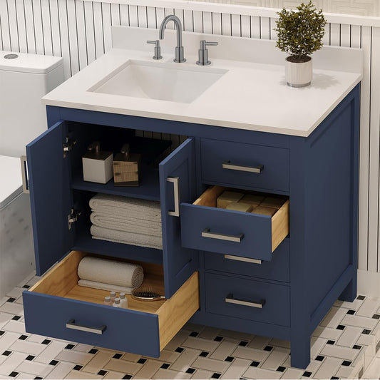 Ayna Decors Rooh 36 in. Left Navy Blue Bathroom Vanity with Sink, Three Faucet Holes Quartz Top, 2 Soft Closing Doors, and 4 Full Extension Drawers, Brushed Nickel Hardware