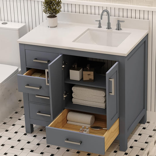 Ayna Decors Rooh 36 Inch Navy Blue Bathroom Vanity with Sink, Quartz Countertop, 2 Soft Closing Doors, and 4 Full Extension Drawers, Brushed Nickel Hardware