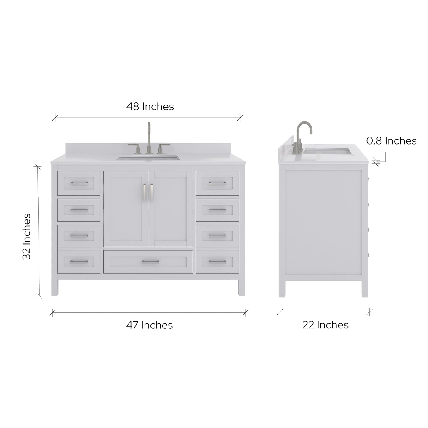 Ayna Decors Rooh 48 Inch White Bathroom Vanity with Sink and Quartz Countertop, 3 Pre-Drilled Faucet Holes, 2 Soft Closing Doors, and 7 Full Extension Drawers, Brushed Nickel Hardware