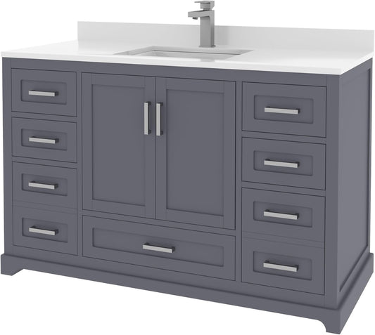 Ayna Decors Maya 48 Inch Charcoal Grey Bathroom Vanity with Sink, Quartz Countertop, 2 Soft Closing Doors, and 7 Full Extension Drawers, Brushed Nickel Hardware