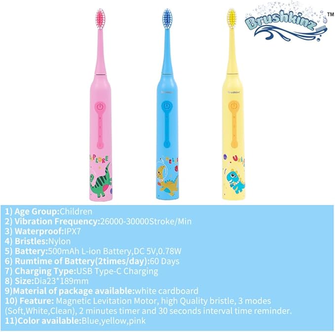 Kids Electric Toothbrush - 3 Modes with Smart Timer - Soft Bristle USB Rechargeable Toothbrush - Sonic Power Vibrating Toothbrush for Dental Oral Care - Lasts 50 Days