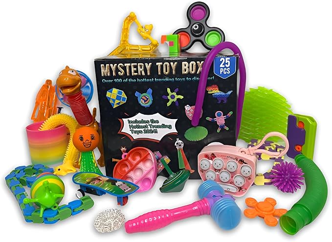 25 or 101 Pieces Fidget Mystery Box for Kids Girls & Boys - Fun Sensory Fidget Toys Bulk Variety Pack for Toddlers - Fidget Prizes for Classroom Surprise Gift Box