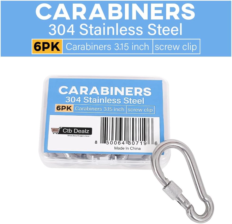 Oval Carabiner Stainless Steel - Small Strong Metal Multitool Carabiner Heavy Duty for Hammocks, Keys, Hanging (6 Pcs)