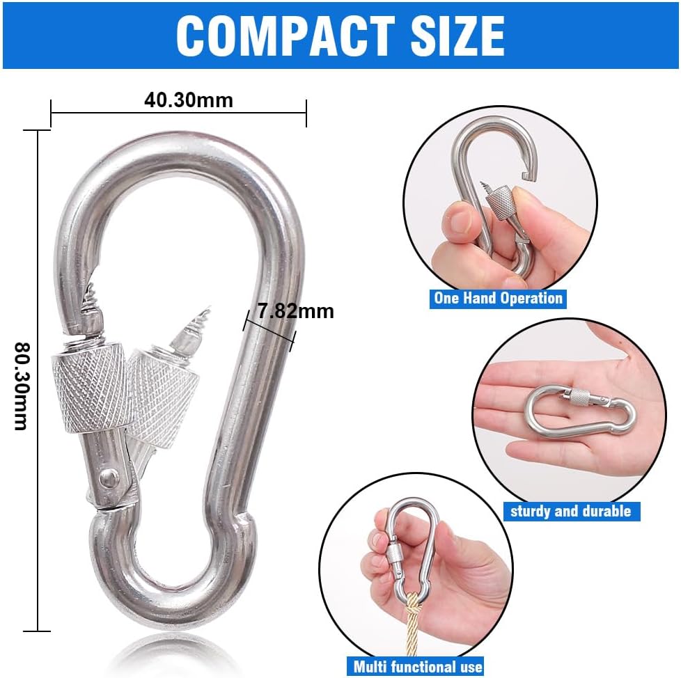 Oval Carabiner Stainless Steel - Small Strong Metal Multitool Carabiner Heavy Duty for Hammocks, Keys, Hanging (6 Pcs)