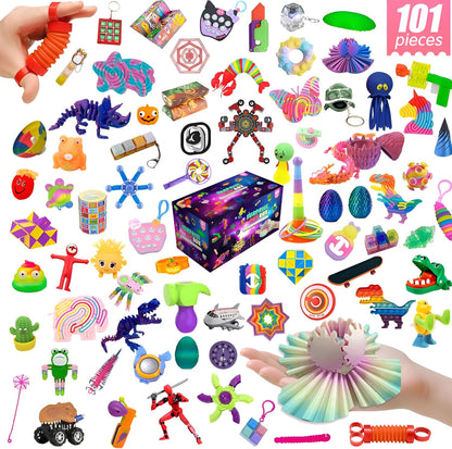 25 or 101 Pieces Fidget Mystery Box for Kids Girls & Boys - Fun Sensory Fidget Toys Bulk Variety Pack for Toddlers - Fidget Prizes for Classroom Surprise Gift Box