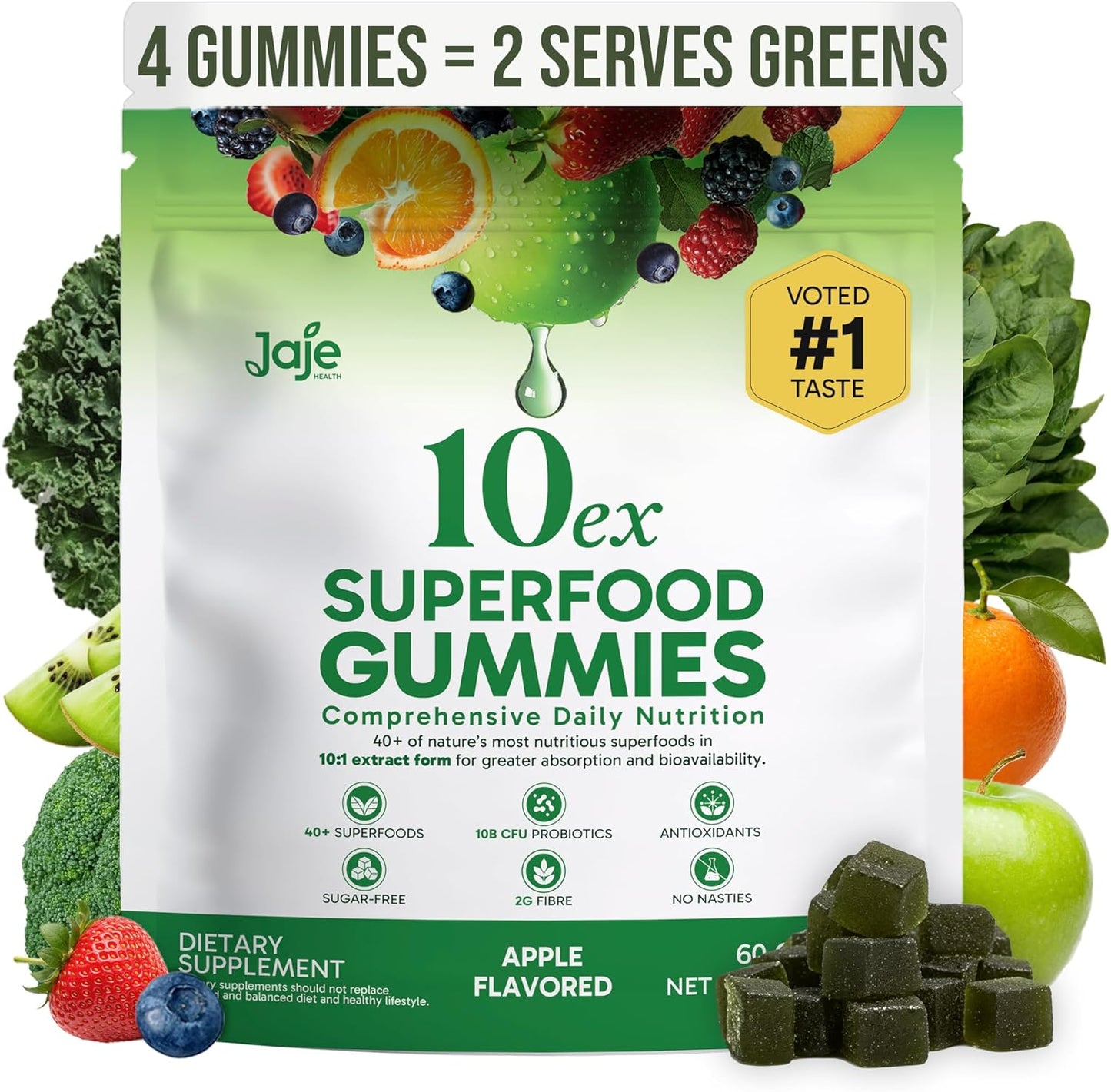 Jaje Health 10EX Superfood Gummies with Probiotics, Apple Flavor, Greens & Fruit Extract Blend, Vegan, Sugar Free Daily Supplement