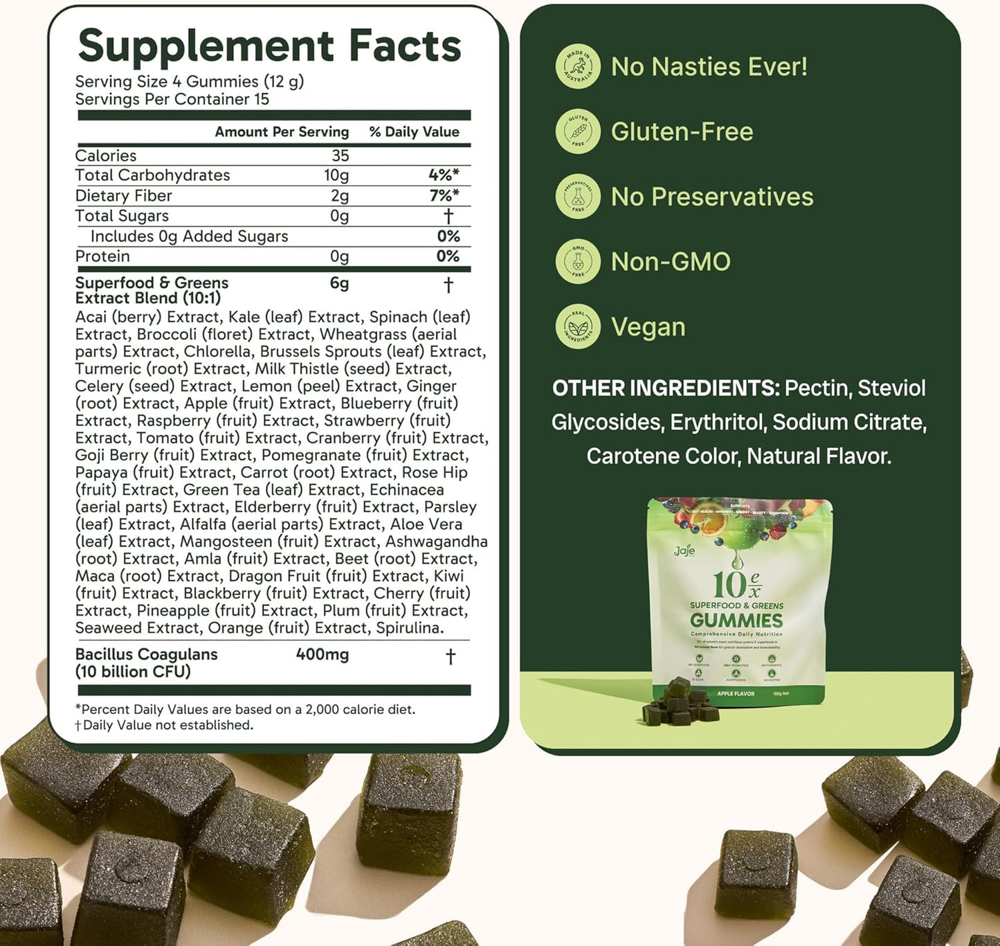 Jaje Health 10EX Superfood Gummies with Probiotics, Apple Flavor, Greens & Fruit Extract Blend, Vegan, Sugar Free Daily Supplement
