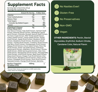 Jaje Health 10EX Superfood Gummies with Probiotics, Apple Flavor, Greens & Fruit Extract Blend, Vegan, Sugar Free Daily Supplement