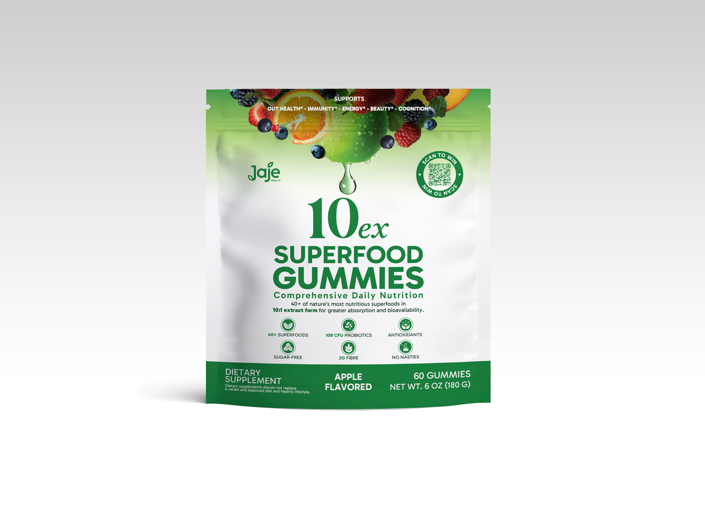 Jaje Health 10EX Superfood Gummies with Probiotics, Apple Flavor, Greens & Fruit Extract Blend, Vegan, Sugar Free Daily Supplement