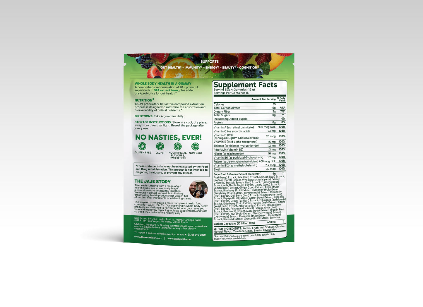 Jaje Health 10EX Superfood Gummies with Probiotics, Apple Flavor, Greens & Fruit Extract Blend, Vegan, Sugar Free Daily Supplement
