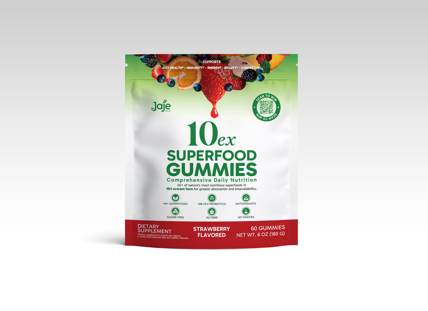 Jaje Health 10EX Plant-Based Gummies, Strawberry Flavor, Vegan Low Sugar Chewy Snack with Fruit & Vegetable Extracts, No Artificial Colors or Preservatives