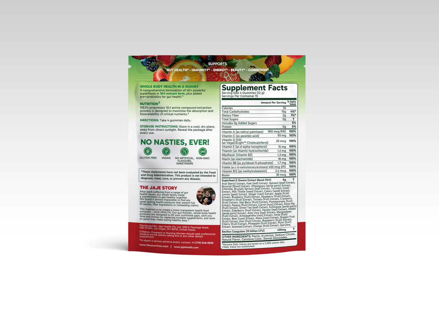 Jaje Health 10EX Plant-Based Gummies, Strawberry Flavor, Vegan Low Sugar Chewy Snack with Fruit & Vegetable Extracts, No Artificial Colors or Preservatives