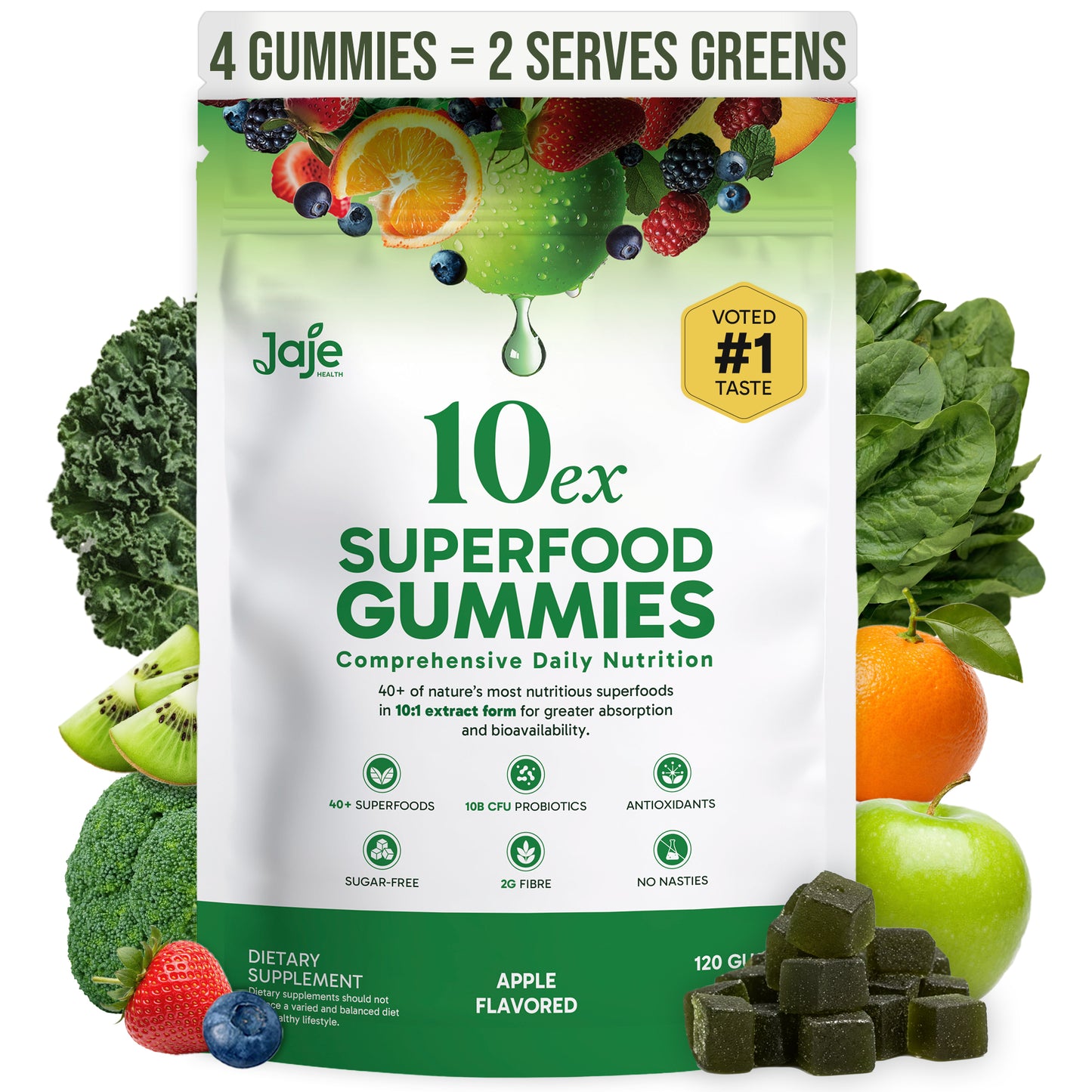 Jaje Health 10EX Superfood Gummies with Probiotics, Apple Flavor, Greens & Fruit Extract Blend, Vegan, Sugar Free Daily Supplement
