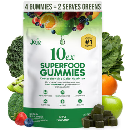 Jaje Health 10EX Superfood Gummies with Probiotics, Apple Flavor, Greens & Fruit Extract Blend, Vegan, Sugar Free Daily Supplement