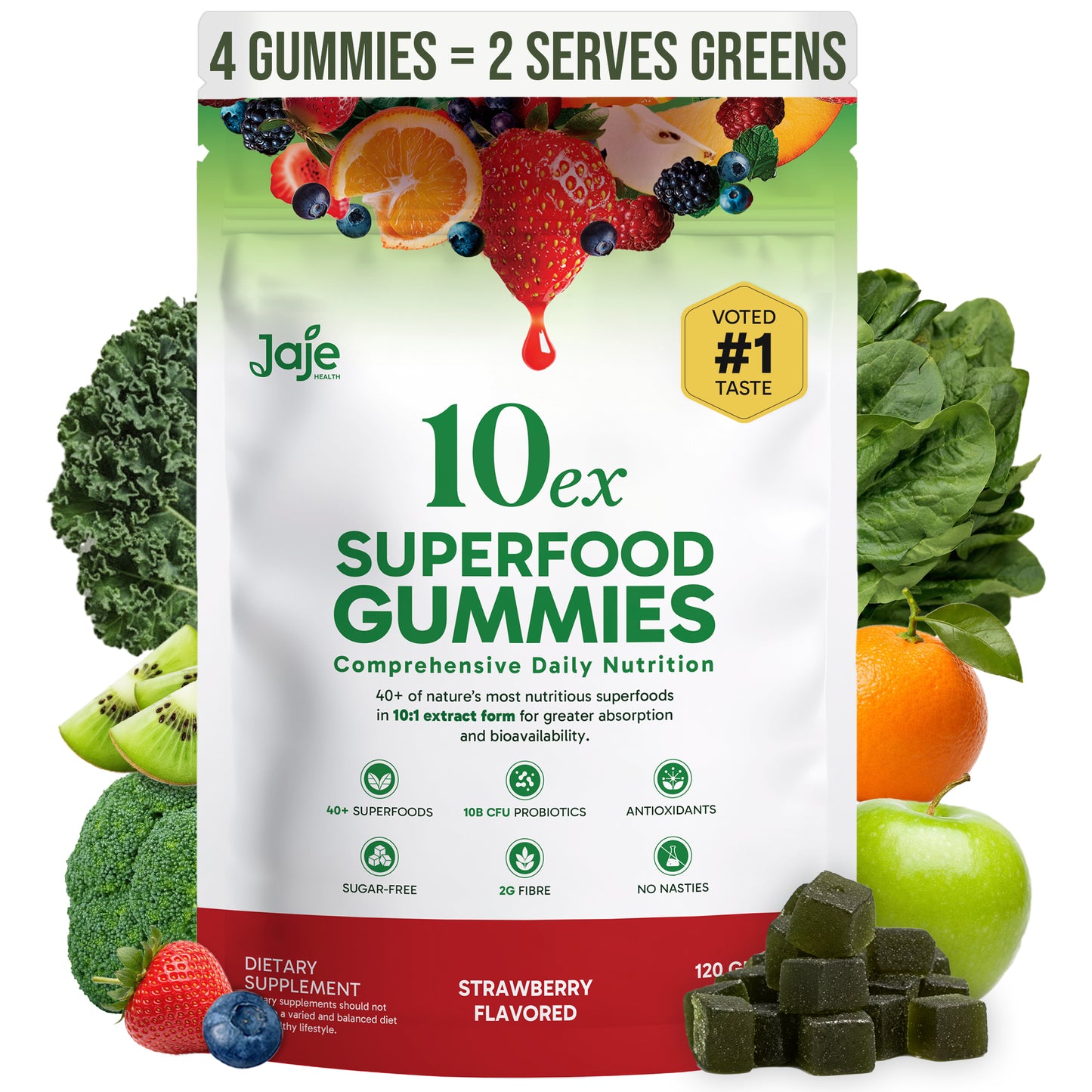 Jaje Health 10EX Plant-Based Gummies, Strawberry Flavor, Vegan Low Sugar Chewy Snack with Fruit & Vegetable Extracts, No Artificial Colors or Preservatives