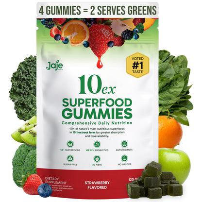 Jaje Health 10EX Plant-Based Gummies, Strawberry Flavor, Vegan Low Sugar Chewy Snack with Fruit & Vegetable Extracts, No Artificial Colors or Preservatives