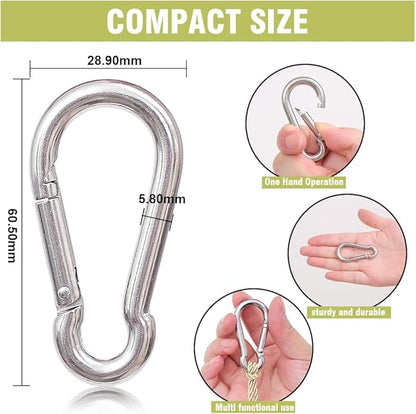 Oval Carabiner Stainless Steel - Small Strong Metal Multitool Carabiner Heavy Duty for Hammocks, Keys, Hanging (6 Pcs)