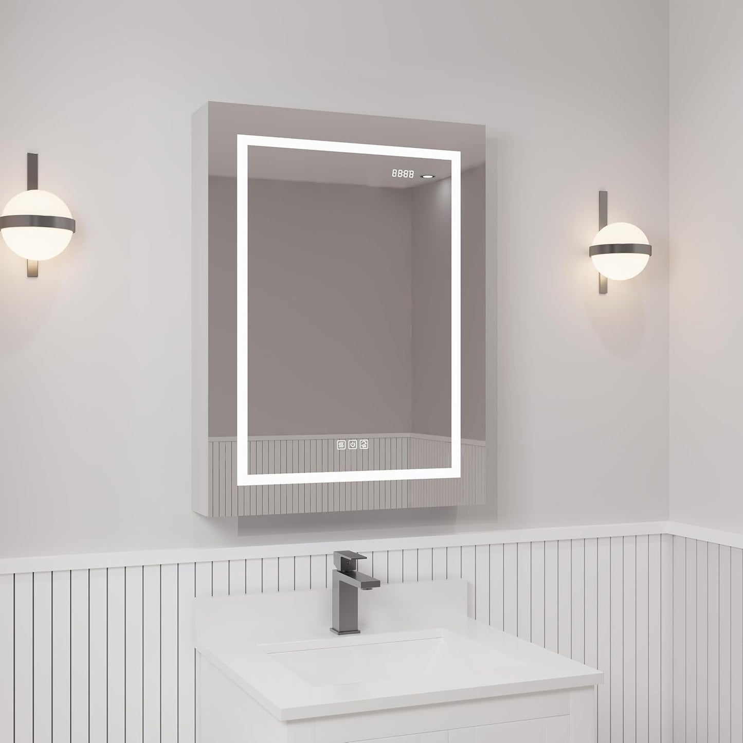 LED Medicine Cabinet with Mirror, Lights, Defogger, Clock & Outlets – Recessed or Surface Mount