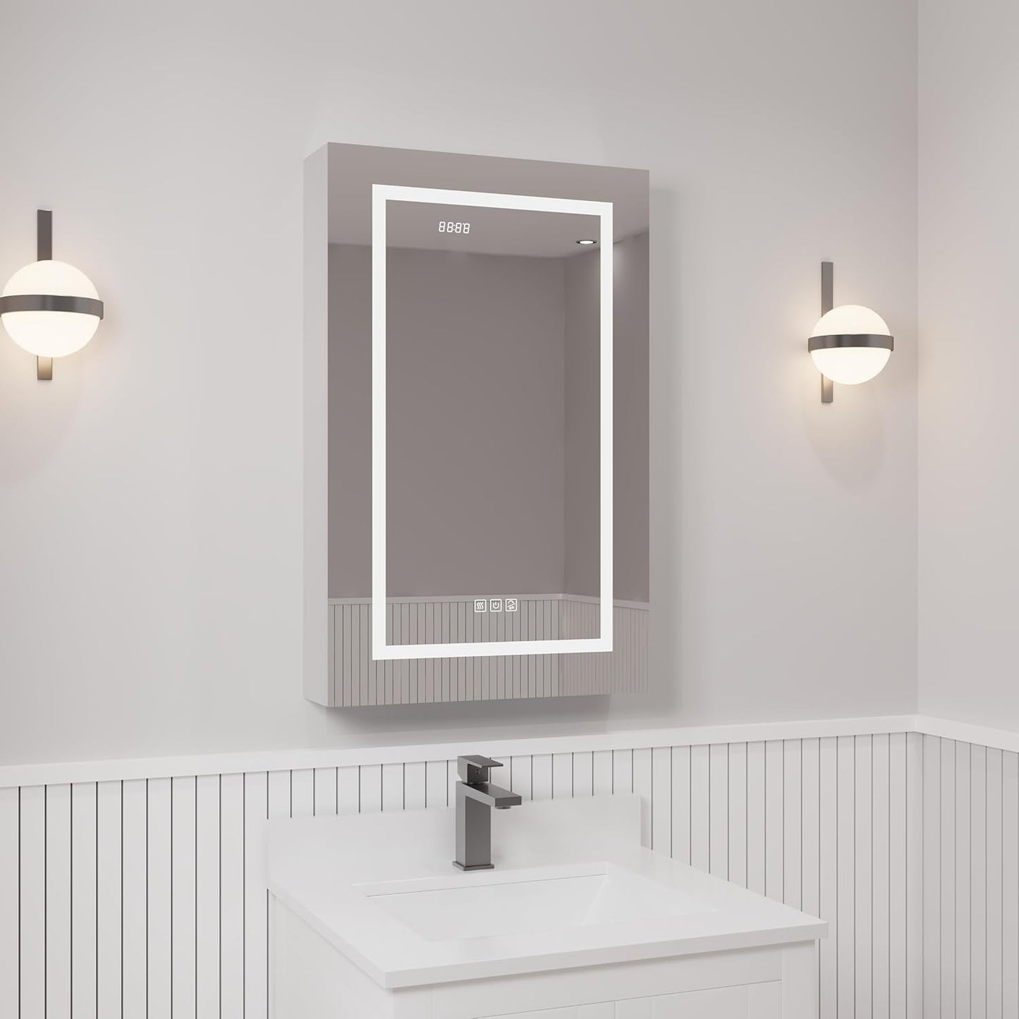 LED Medicine Cabinet with Mirror, Lights, Defogger, Clock & Outlets – Recessed or Surface Mount