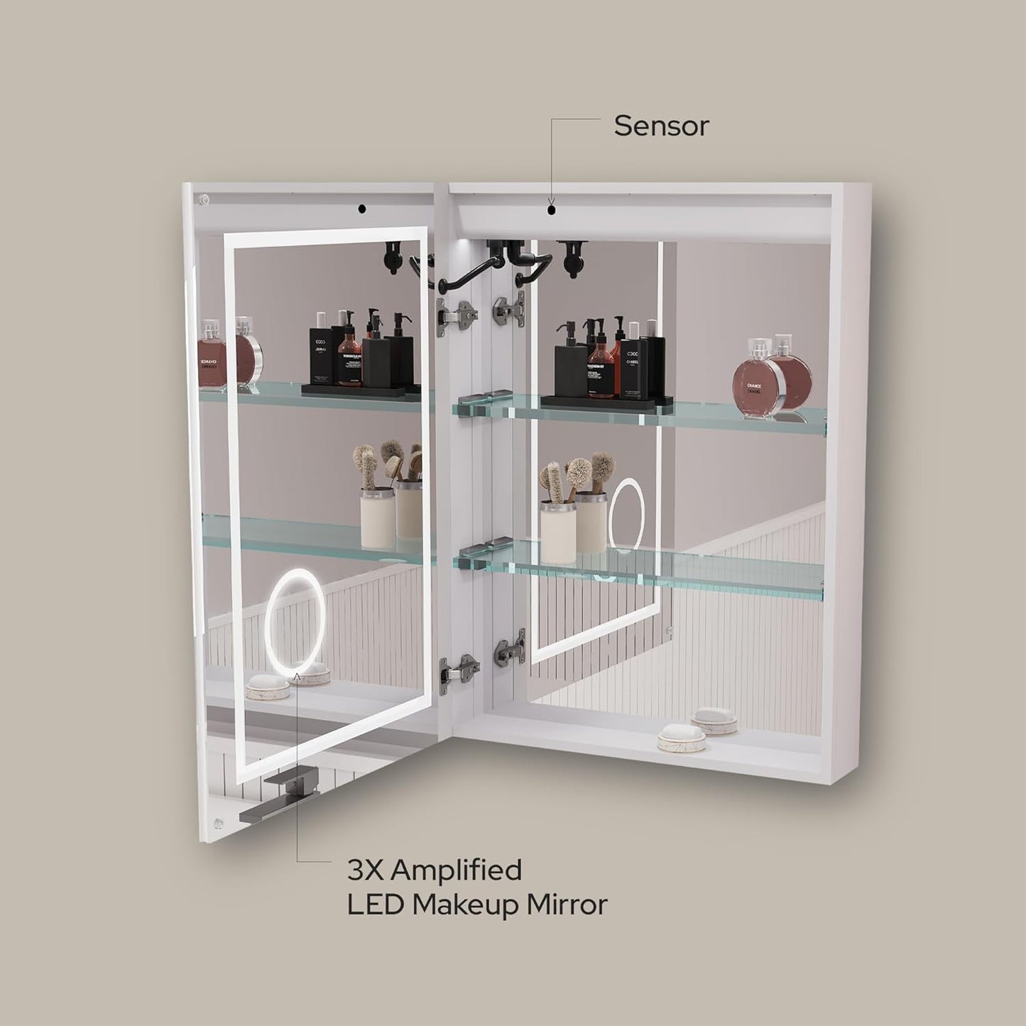 LED Medicine Cabinet with Mirror, Lights, Defogger, Clock & Outlets – Recessed or Surface Mount
