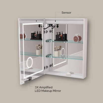 LED Medicine Cabinet with Mirror, Lights, Defogger, Clock & Outlets – Recessed or Surface Mount