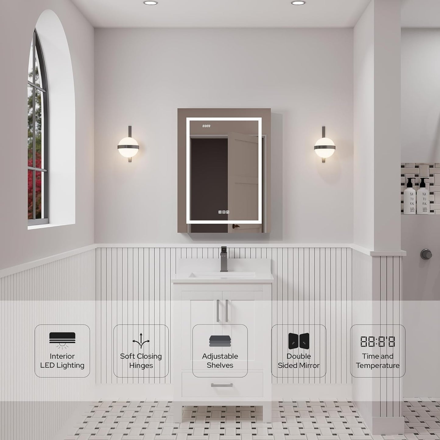 LED Medicine Cabinet with Mirror, Lights, Defogger, Clock & Outlets – Recessed or Surface Mount
