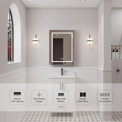 LED Medicine Cabinet with Mirror, Lights, Defogger, Clock & Outlets – Recessed or Surface Mount