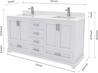 Ayna Decors Maya 60 Inch White Bathroom Vanity with Sink, Quartz Countertop, 4 Soft Closing Doors and 5 Full Extension Drawers, Brushed Nickel Hardware