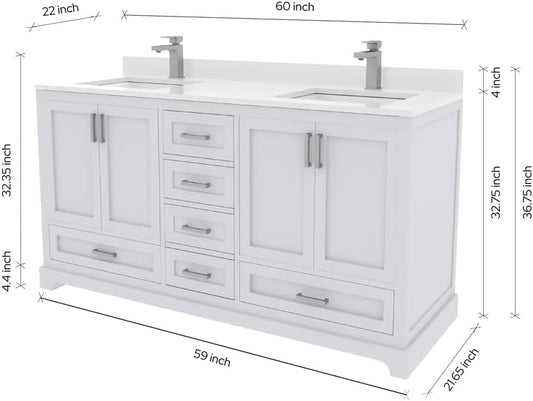Ayna Decors Maya 60 Inch White Bathroom Vanity with Sink, Quartz Countertop, 4 Soft Closing Doors and 5 Full Extension Drawers, Brushed Nickel Hardware