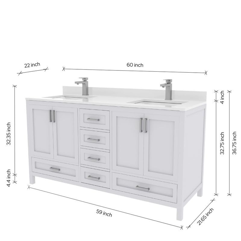 Ayna Decors Rooh 60 Inch White Bathroom Vanity with Sink, Quartz Countertop, 4 Soft Closing Doors and 5 Full Extension Drawers, Brushed Nickel Hardware