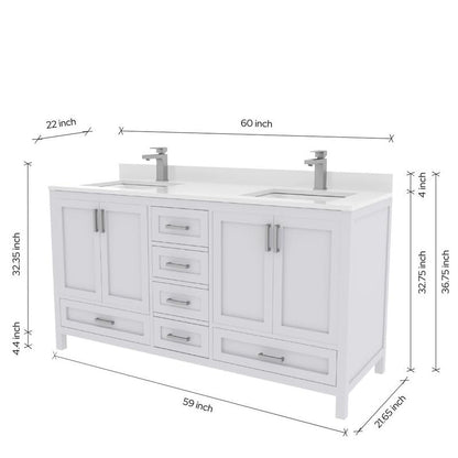 Ayna Decors Rooh 60 Inch White Bathroom Vanity with Sink, Quartz Countertop, 4 Soft Closing Doors and 5 Full Extension Drawers, Brushed Nickel Hardware