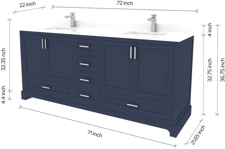Ayna Decors Maya 72 Inch Navy Blue Bathroom Vanity with Sink, Quartz Countertop, 4 Soft Closing Doors and 5 Full Extension Drawers, Brushed Nickel Hardware