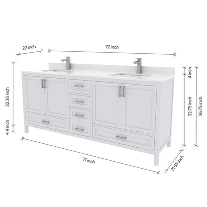 Ayna Decors Rooh 72 Inch White Bathroom Vanity with Sink, Quartz Countertop, 4 Soft Closing Doors and 5 Full Extension Drawers, Brushed Nickel Hardware