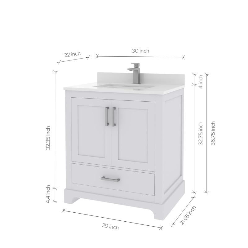 Ayna Decors Maya 30 Inch White Bathroom Vanity with Sink, Quartz Countertop, 2 Soft Closing Doors and 1 Full Extension Drawer, Brushed Nickel Hardware