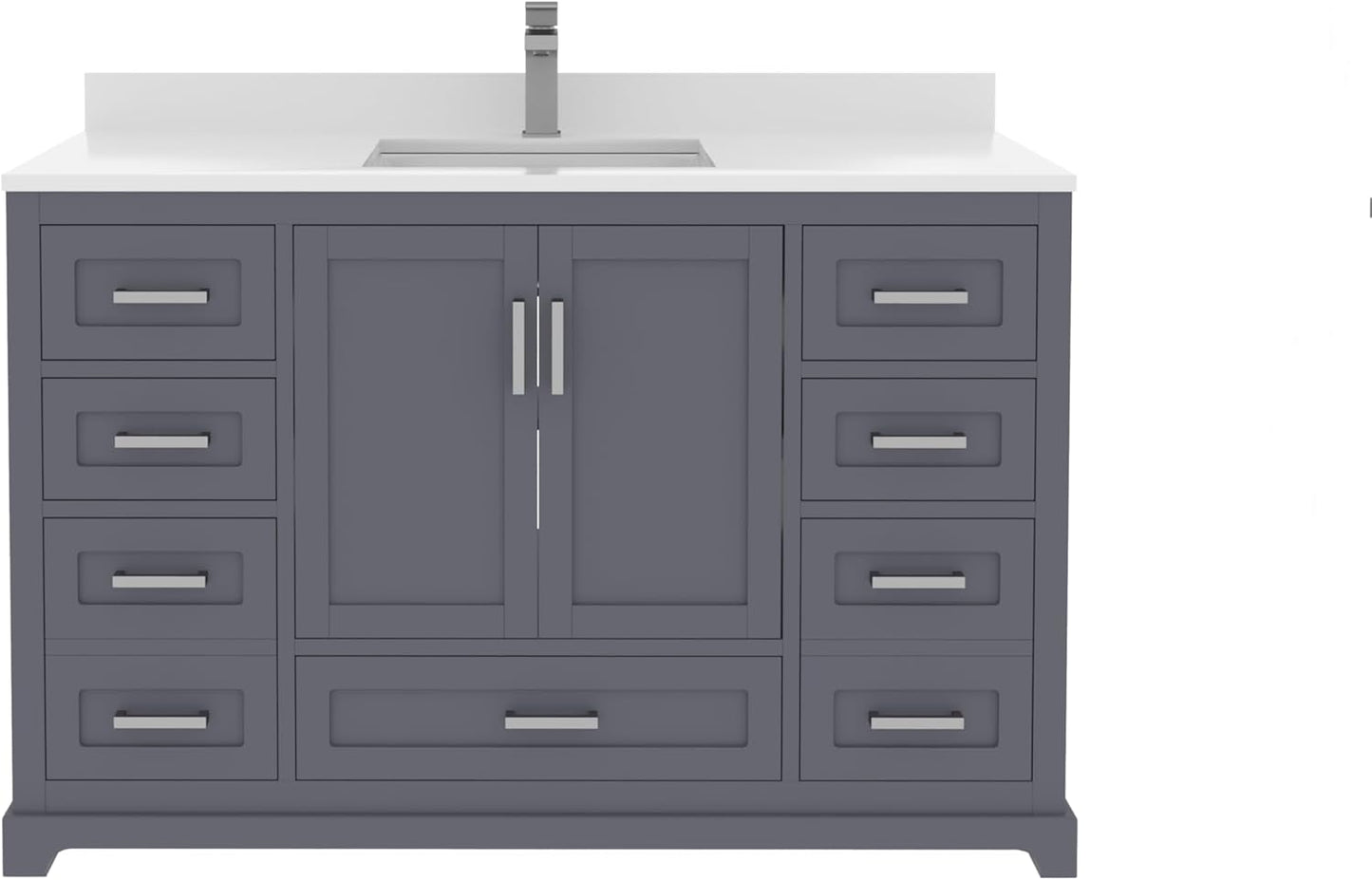 Ayna Decors Maya 48 Inch Charcoal Grey Bathroom Vanity with Sink, Quartz Countertop, 2 Soft Closing Doors, and 7 Full Extension Drawers, Brushed Nickel Hardware