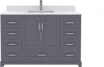 Ayna Decors Maya 48 Inch Charcoal Grey Bathroom Vanity with Sink, Quartz Countertop, 2 Soft Closing Doors, and 7 Full Extension Drawers, Brushed Nickel Hardware