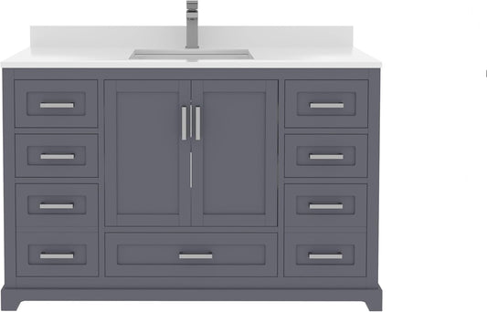 Ayna Decors Maya 48 Inch Charcoal Grey Bathroom Vanity with Sink, Quartz Countertop, 2 Soft Closing Doors, and 7 Full Extension Drawers, Brushed Nickel Hardware