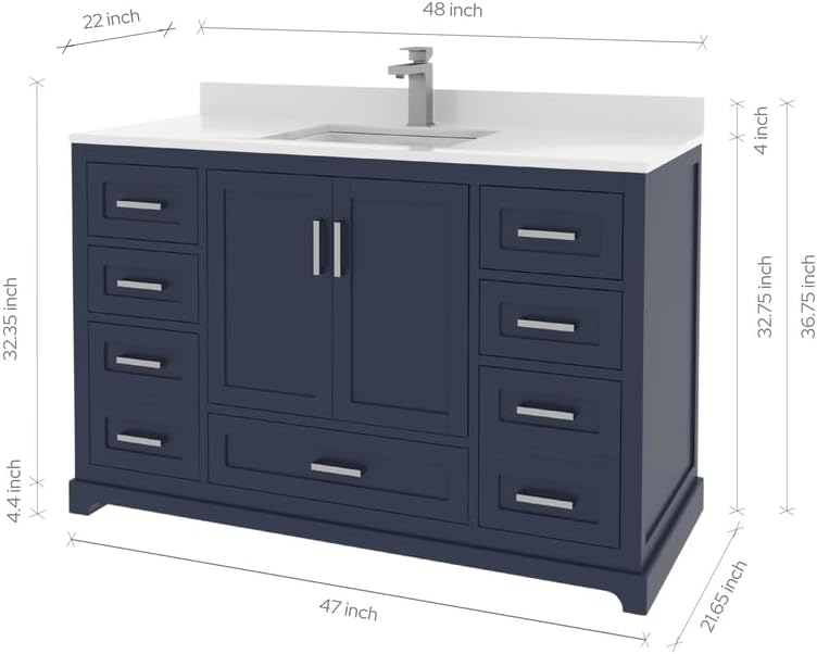 Ayna Decors Maya 48 Inch Navy Blue Bathroom Vanity with Sink, Quartz Countertop, 2 Soft Closing Doors, and 7 Full Extension Drawers, Brushed Nickel Hardware