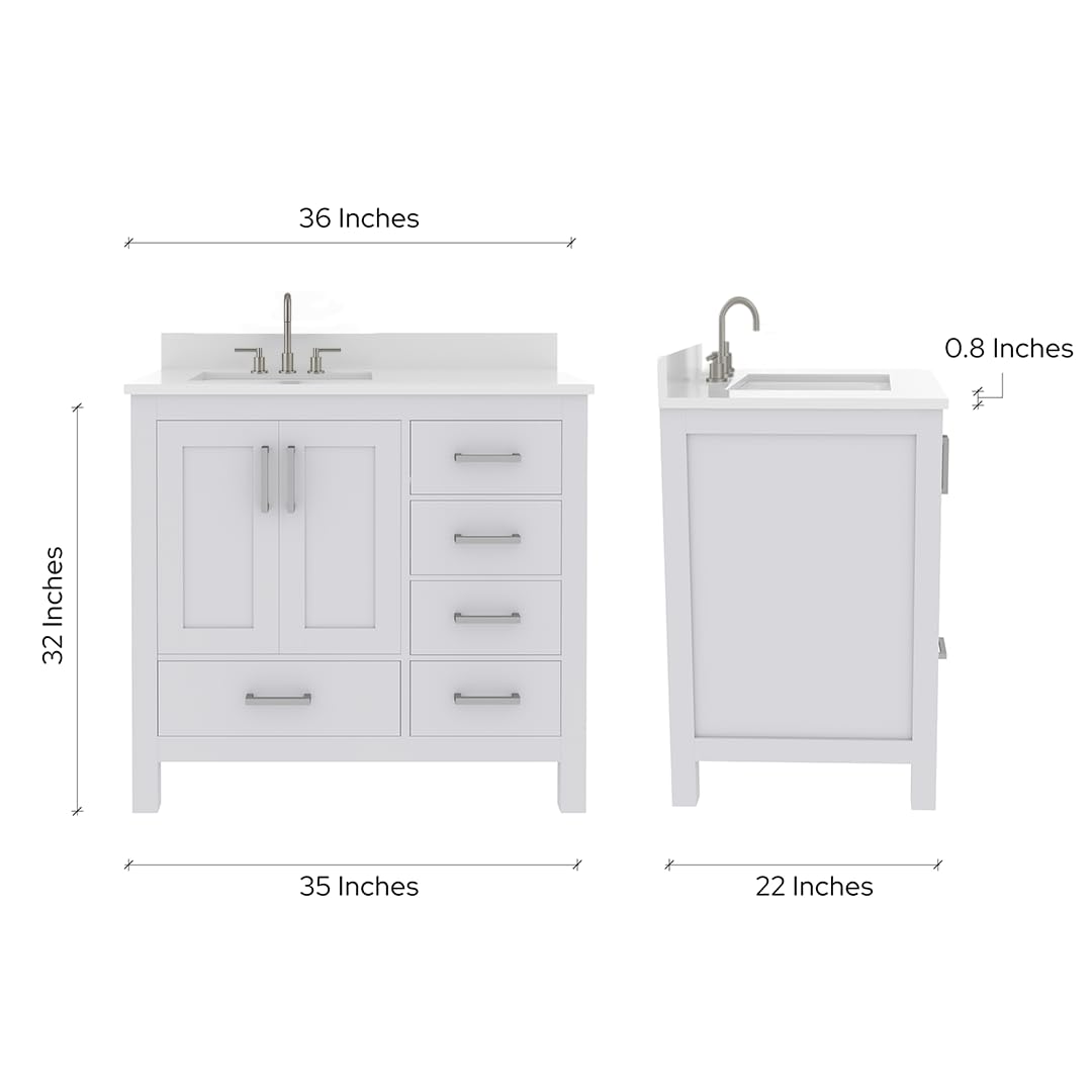 Ayna Decors Rooh 36 in. Left White Bathroom Vanity with Sink, Three Faucet Holes Quartz Top, 2 Soft Closing Doors, and 4 Full Extension Drawers, Brushed Nickel Hardware
